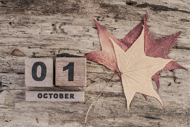 cube calendar for october on wooden background stock photo
