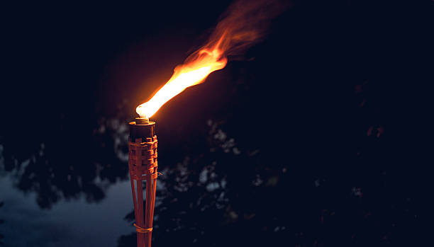 отдых на открытом воздухе. горящий факел - tiki torch стоковые фото и изображения