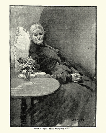 Vintage engraving of a senior victorian woman looking fomdly at some flowers, 1875