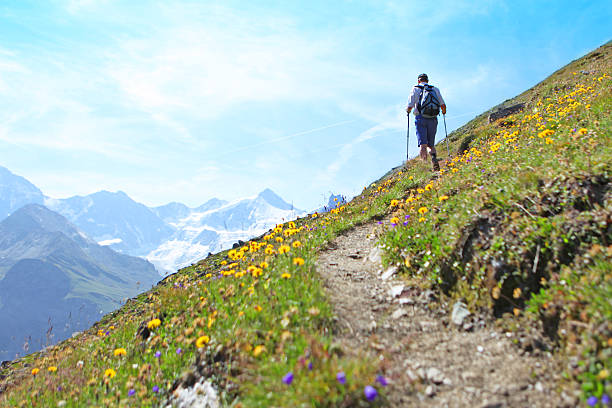 A mature man is hiking surrounding by a beautiful landscape of the Swiss Mountains in summer. This picture is taken in Zinal, Val d'Anniviers, Canton of Valais. Copy space