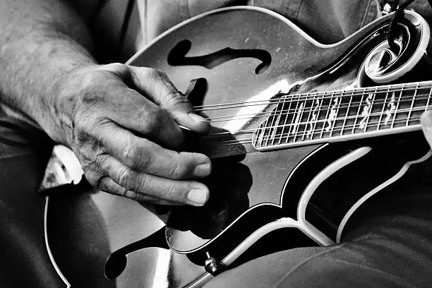 Male playing mandolin in black and white