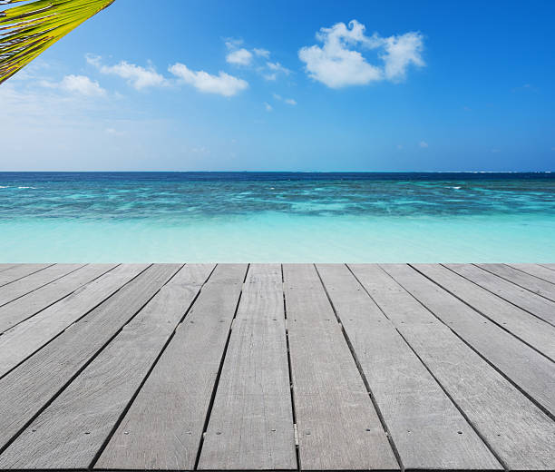 istock Wooden terrace beside tropical sea 598949930