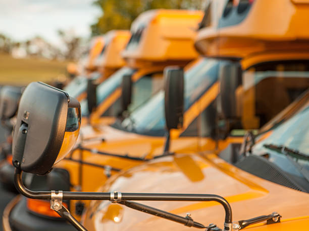 istock Long row of parked yellow school buses 598952178