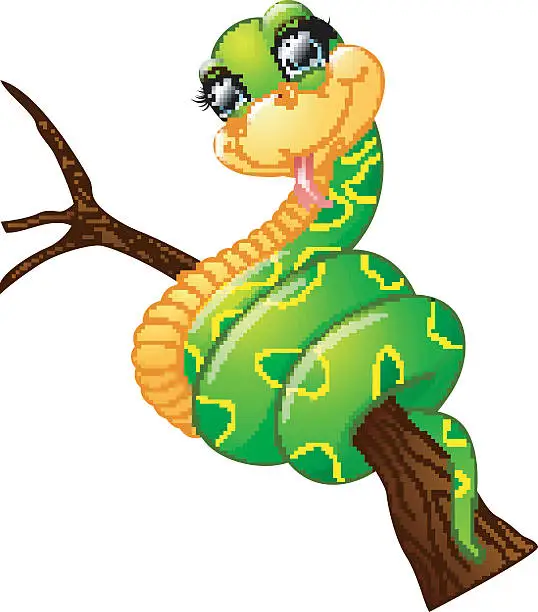 Vector illustration of Happy green snake on the branch