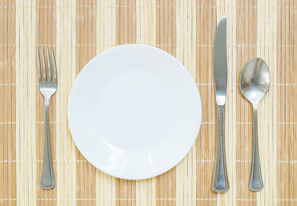 istock Closeup white ceramic dish with stainless fork and spoon and knife 598954286