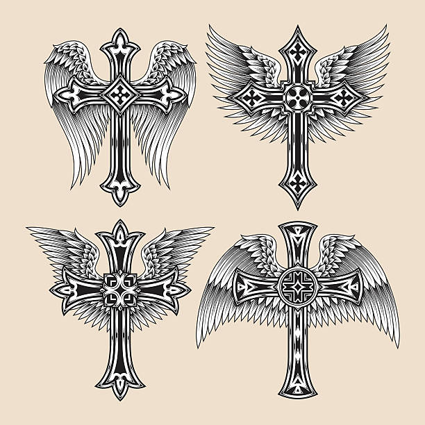 Winged Cross Set fully editable vector illustration of winged cross set, image suitable for design element, graphic tees, tattoo design or coat of arms cross tattoo stock illustrations