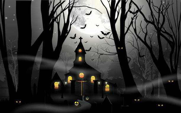 дом с привидениями с тыквой в туманном лесу в полнолуние - bat halloween human eye horror stock illustrations