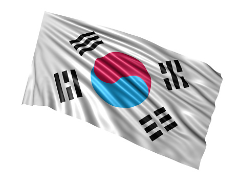 A stock photo/3D rendered illustration of the South Korean flag isolated on a white background. Perfect for designs or articles about the South or North Korea