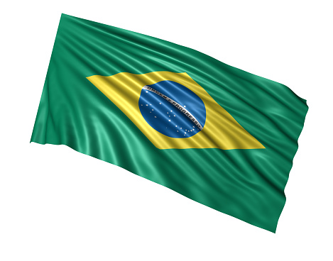 A stock photo/3D rendered illustration of the Brazilian flag isolated on a white background. Perfect for designs or articles about Brazil