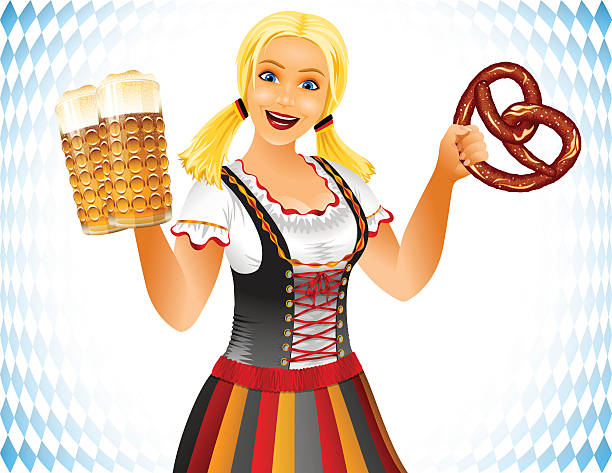 Beer Fest Girl Salted Soft Pretzel Brezel Beer Glass Germany Holiday Beer Fest Girl holds glass of beer and pretzel or brezel; Waitress in traditional German clothes; Blonde smiling; No Mesh; Vector Eps10 pics of dirndl skirt stock illustrations