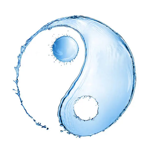 Two water splashes forming the shape of a Yin Yang sign isolated on white background