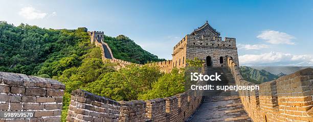 Panoramic View Of Great Wall Of China Stock Photo - Download Image Now - Great Wall Of China, China - East Asia, Beijing