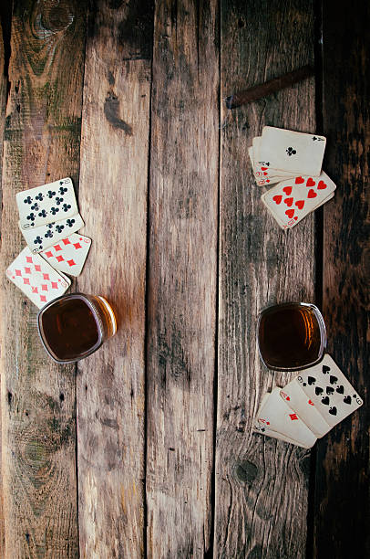 istock Old wooden table to play cards from above 598960164