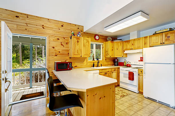 istock Interior design of wooden kitchen with white appliances. 598960580