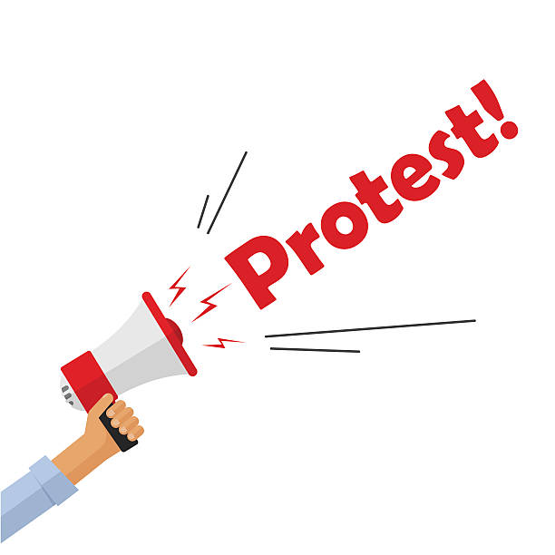 ilustrações de stock, clip art, desenhos animados e ícones de protestor hand holding bullhorn shouting protest text sign, angry person - protest political rally crowd politics