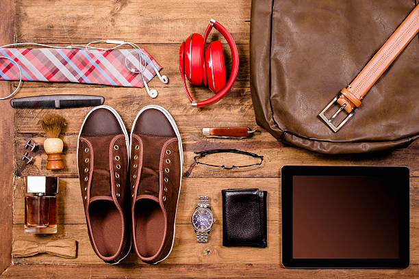 istock Men's accessories organized on table in knolling arrangement. 598962432