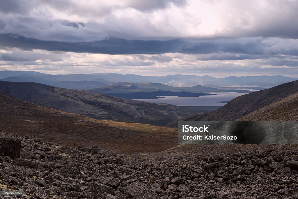 South Chorrgorr Pass View to the layered ridge slopes and Imandra lake from the top of South Chorrgor pass, Russia, Khibiny Koala Stock Photo