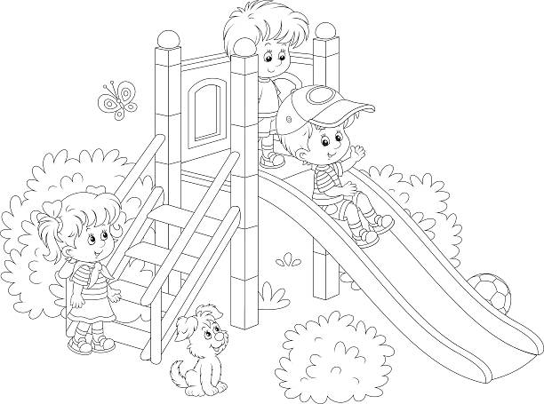 Children's slide in a park Black and white vector illustration of little children playing on a slide at a playground kids coloring pages stock illustrations