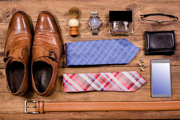 istock Men's accessories organized on table in knolling arrangement 599100652