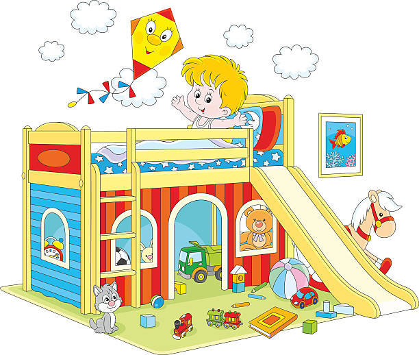 ilustrações de stock, clip art, desenhos animados e ícones de boy waking up in his bedroom - wakening