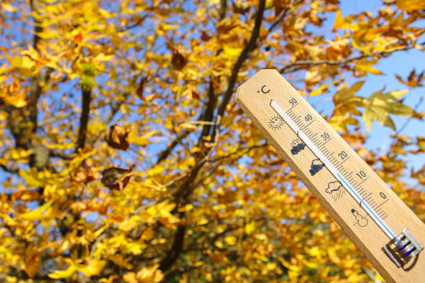 istock nice weather in the autumn shown with mercury thermometer 599103004