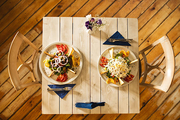 High angle view two plates with salad on the table without people.