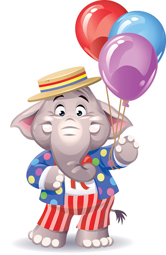 A cute Elephant wearing a hat and a colorful suit holding a bunch of  balloons, isolated on white. Vector illustration for parties and birthdays.