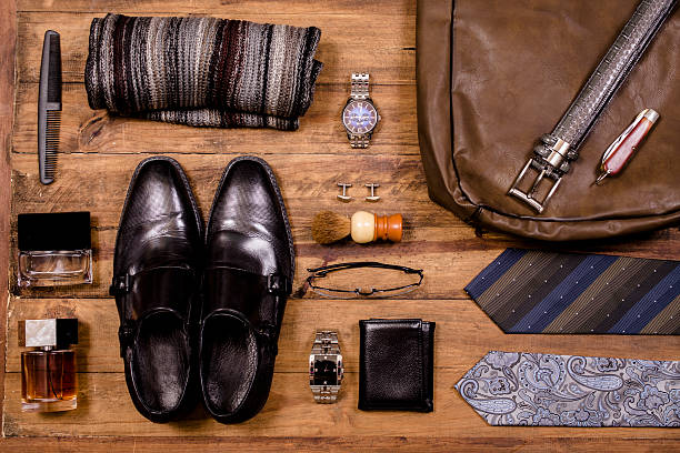 istock Men's accessories organized on table in knolling arrangement. 599105650