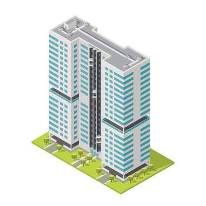 Realistic office building, isometric skyscraper, modern apartments. Vector illustration. 3D design for logos, infographics and city map creation. City collection.