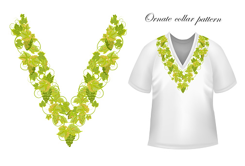 Neck print vector floral design. Fashion grapes ornament collar. Vector illustration. Green