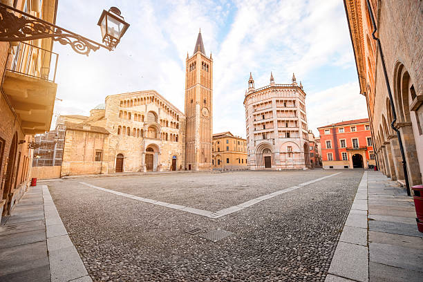 Parma central square Parma cathedral with Baptistery leaning tower on the central square in Parma town in Italy emilia romagna photos stock pictures, royalty-free photos & images