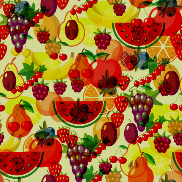 istock Flat fruits seamless pattern. Vector  Illustrations of watermelon, banana, cherry 599114524
