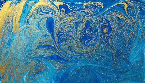 istock Blue and golden liquid texture, watercolor hand drawn marbling illustration 599116728