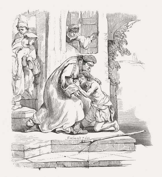 prodigal son (lukas 15), holzstich nach rembrandt, veröffentlicht 1855 - rembrandt stock-grafiken, -clipart, -cartoons und -symbole