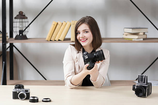 istock New photo camera presentation, blogger show 599121014