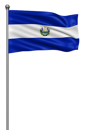 Flag of El Salvador with flagpole waving in the wind against white background,3d illustration