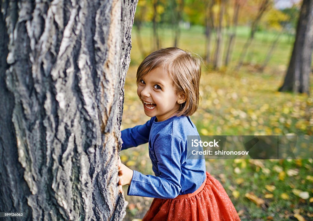 Girl Playing Hide and Seek in Park Cute little girl hiding behind tree in autumn park, looking sideways at camera laughing as she tries to run away Child Stock Photo