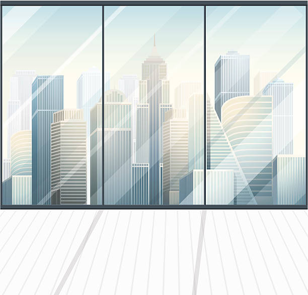 nowoczesne panoramiczne biuro puste wnętrze - new york city built structure glass backgrounds stock illustrations