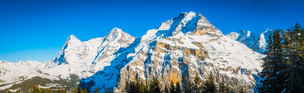 picos alpinos nevados panorama de la montaña jungfrau eiger cara norte suiza - north face eiger mountain fotografías e imágenes de stock
