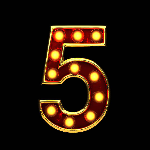 istock 5 isolated golden letter with lights on black. 3d illustration 599129918