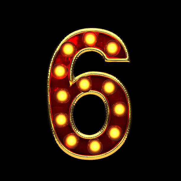 istock 6 isolated golden letter with lights on black. 3d illustration 599129978