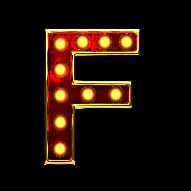 istock f isolated golden letter with lights on black. 3d illustration 599130366