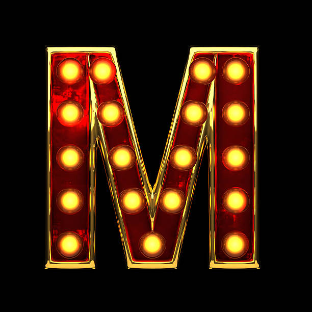 istock m isolated golden letter with lights on black. 3d illustration 599130682