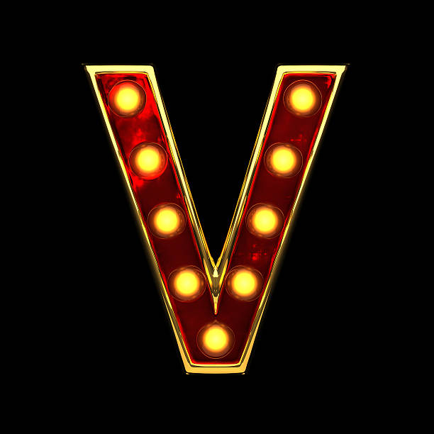 v isolated golden letter with lights on black. 3d illustration