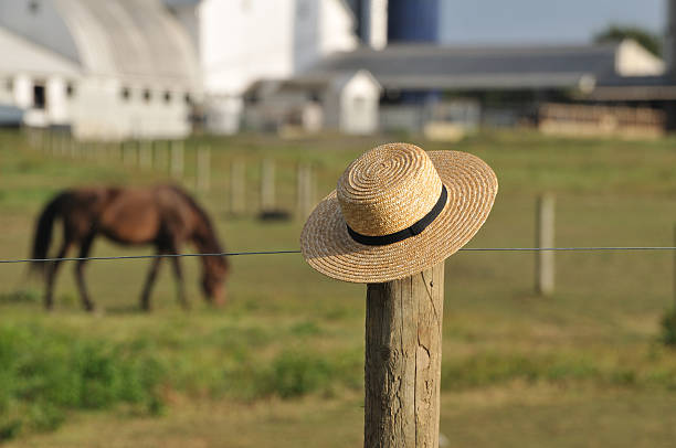 istock Amish straw hat with farm in background 599131704