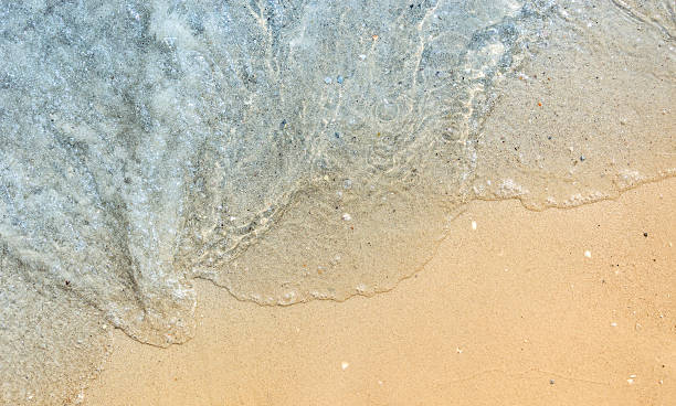 istock wave of blue sea on sandy beach. Top view 599134760