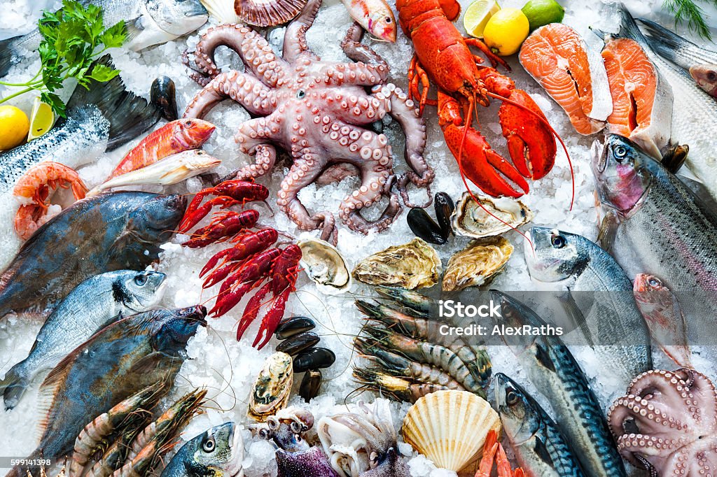 Seafood on ice Seafood on ice at the fish market Seafood Stock Photo