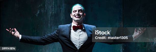Bloody Halloween Theme Crazy Joker Face Stock Photo - Download Image Now - Clown, Halloween, Costume