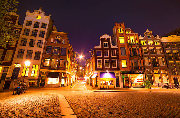 Amsterdam canal houses in the old part of the city during a winter morning. The streets are covered in white from the snow, the city lights are on and the sky is grey because of the clouds. You can see some snow falling down.