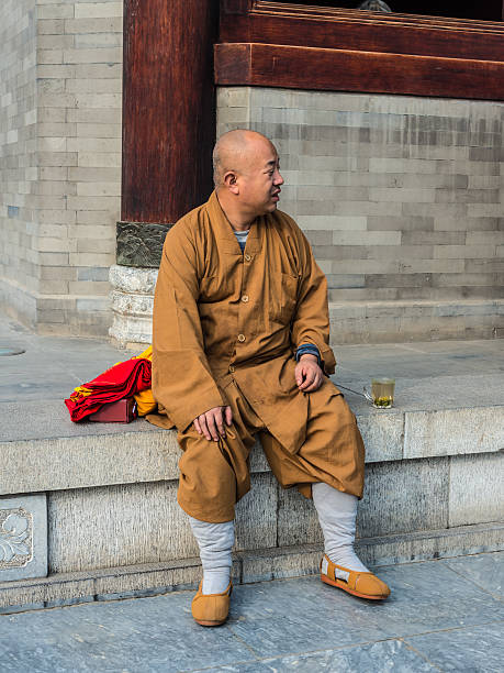 monk w: giant wild goose pagoda, xian - shaanxi province buddhism china tower zdjęcia i obrazy z banku zdjęć